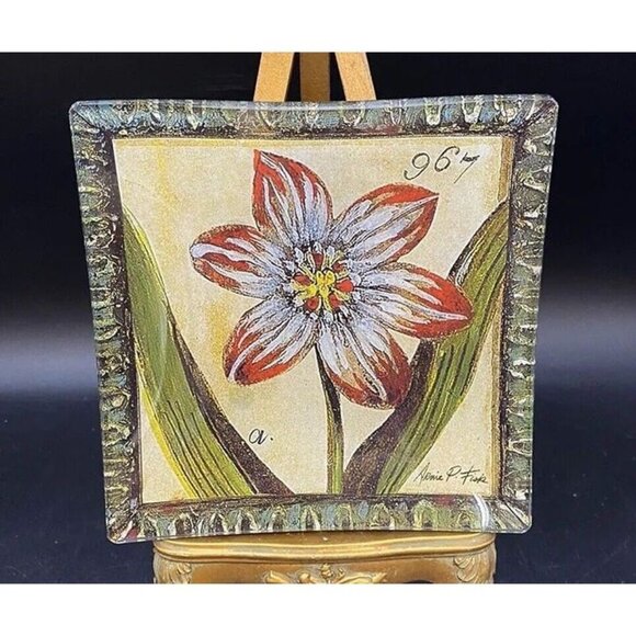 Arnie P Fisk Flower Still Glass Trinket Dish 6” Square - Picture 1 of 8
